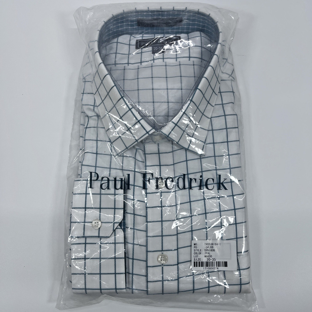 Paul Fredrick Men's Dress Shirt 20 35 White Teal Check Non-Iron Cotton New NWT